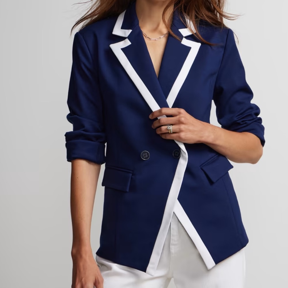 New York & Company Blue and White Blazer Elegant Suit Jacket